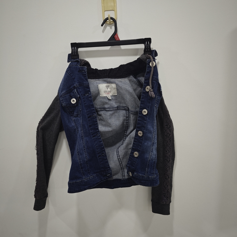 GUESS Blue Denim Jacket with Black Knit Sleeves And Lace Detailing